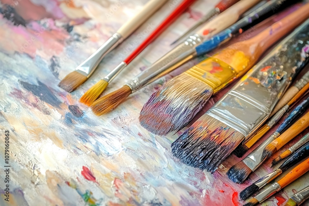 Obraz premium Color-smeared brushes on a painter's palette