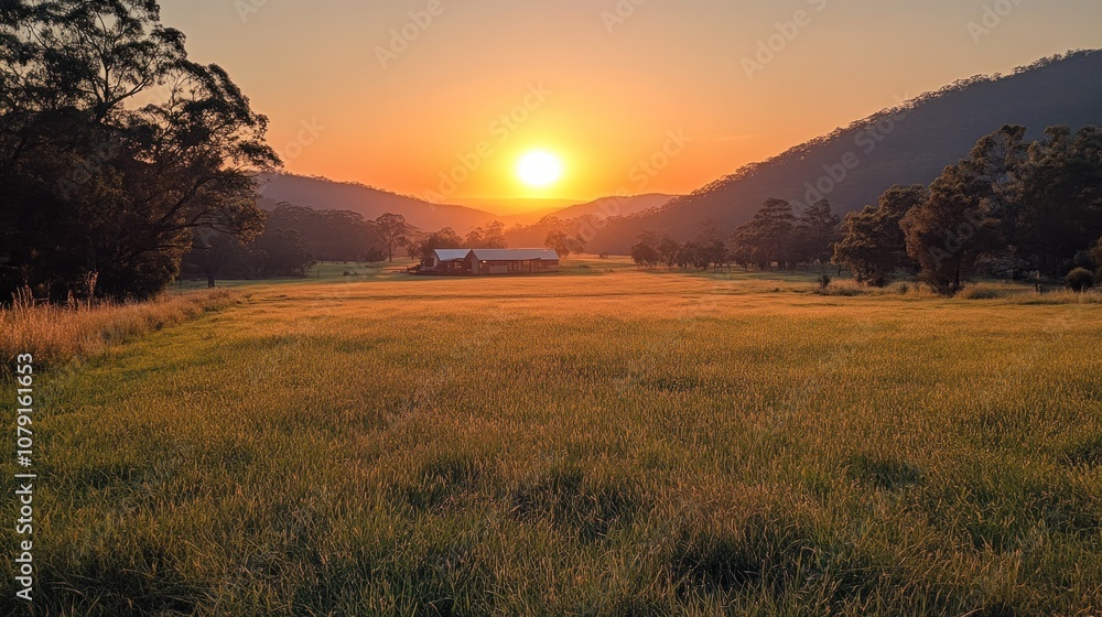 Sunset Over a Rural Meadow with a Farmhouse in the Distance Sunset Over a Rural Meadow with a Farmhouse in the Distance