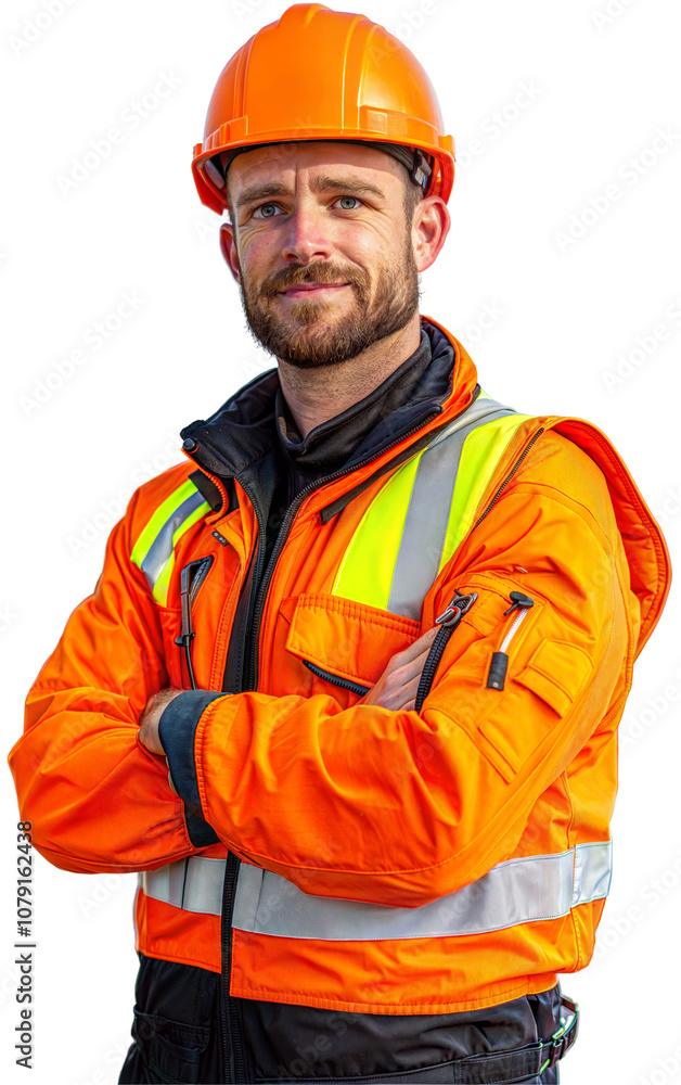Confident worker in orange safety gear on transparent or white background Confident worker in orange safety gear on transparent or white background