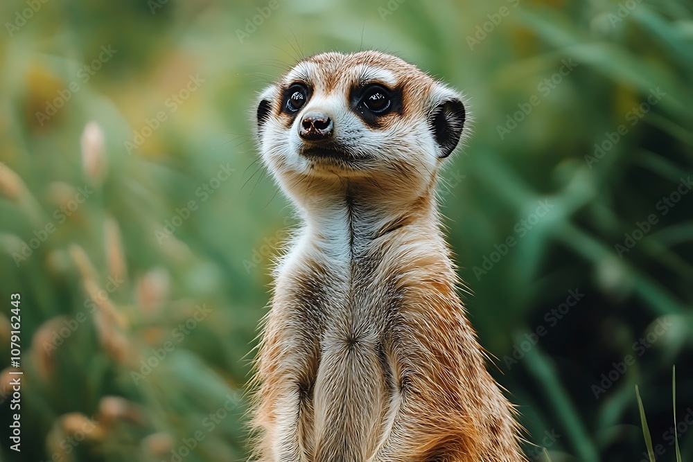 Meerkat Portrait with Soft Focus, Looking Up in Green Nature Background Meerkat Portrait with Soft Focus, Looking Up in Green Nature Background