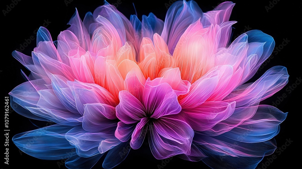 A close-up of a pink and blue flower on a black background, with a reflection of its petals A close-up of a pink and blue flower on a black background, with a reflection of its petals