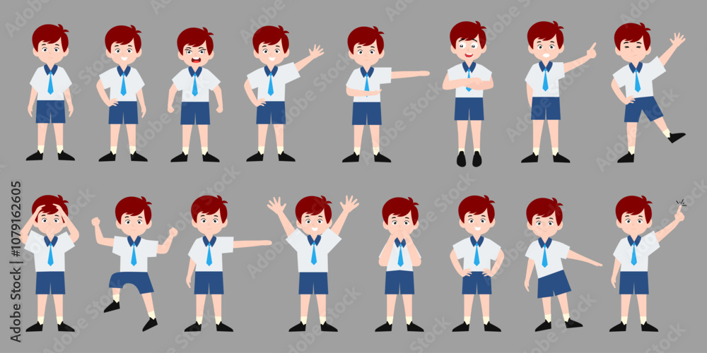 set of boy uniform school different pose cartoon design. bak to chool set of boy uniform school different pose cartoon design. bak to chool