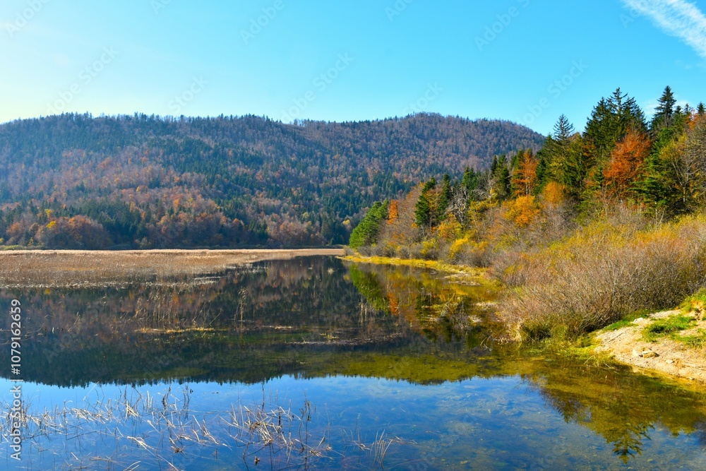 Shore of Cerkniško jezero lake with autumn orange and yellow foliage in Notranjska, Slovenia Shore of Cerkniško jezero lake with autumn orange and yellow foliage in Notranjska, Slovenia