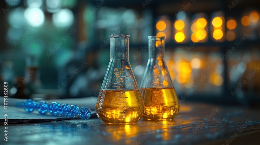 Two beakers filled with yellow liquid sit on a wooden table in a dimly lit laboratory. Two beakers filled with yellow liquid sit on a wooden table in a dimly lit laboratory.