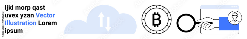 Cloud storage symbol, cryptocurrency coin with magnifying glass, and hand holding key representing online security. Ideal for technology, finance, data protection, cryptocurrency, cloud computing