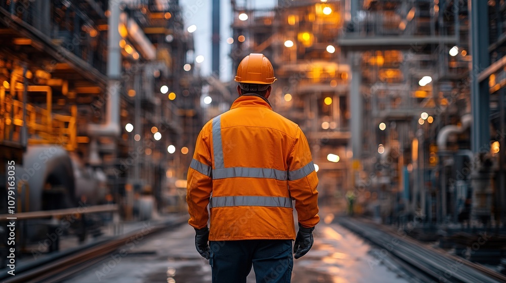 engineer standing in the middle of an industrial complex, surrounded by tall metal structures and pipes engineer standing in the middle of an industrial complex, surrounded by tall metal structures and pipes