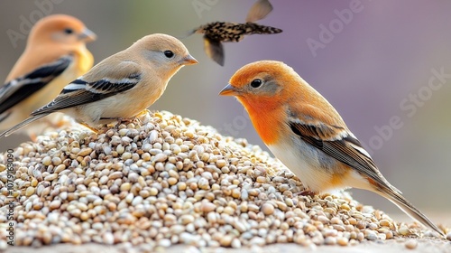   Small birds perched atop a birdseed mound with nearby piles of smaller avian friends photo