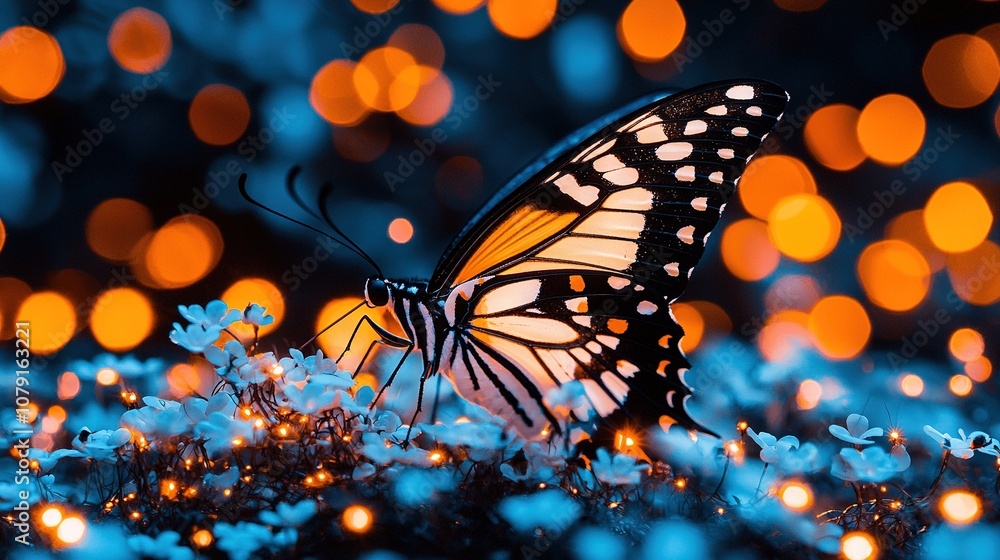 Butterfly on grass with lights and blurred background Butterfly on grass with lights and blurred background
