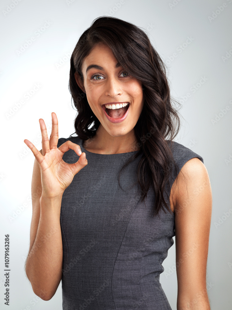 Business, studio and portrait of happy woman with perfect hand sign, confidence and ok real estate agent. Consultant, realtor or businesswoman with okay gesture, vote or opinion on white background Business, studio and portrait of happy woman with perfect hand sign, confidence and ok real estate agent. Consultant, realtor or businesswoman with okay gesture, vote or opinion on white background