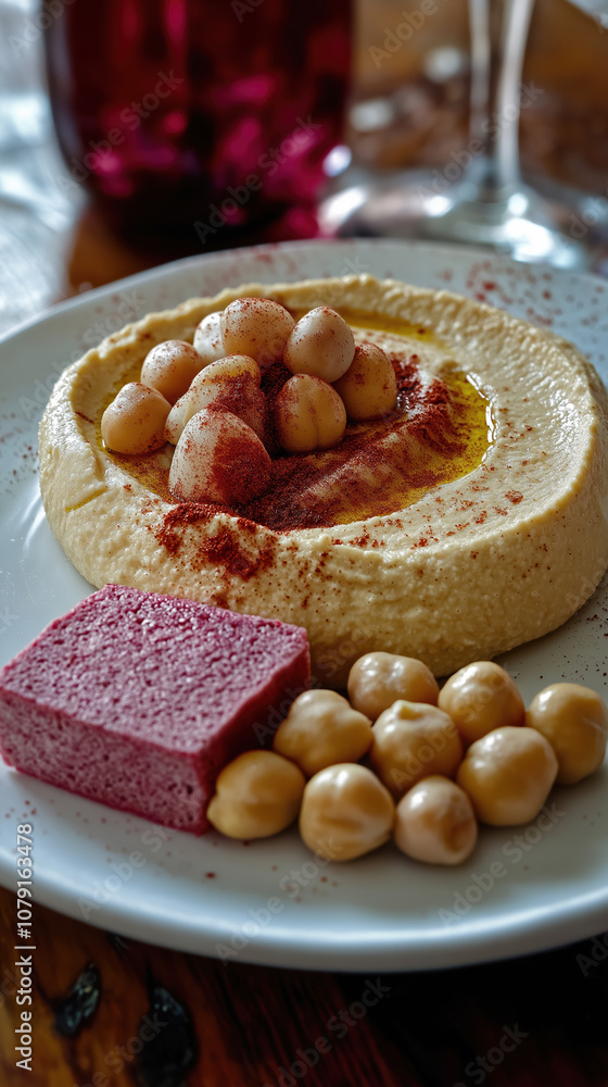Delicious hummus with chickpeas and beetroot cubes on a white plate Delicious hummus with chickpeas and beetroot cubes on a white plate