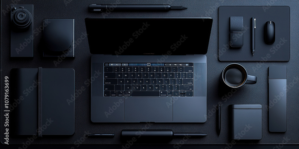 A flat lay of a modern workspace featuring a laptop, a cup of coffee, and other office supplies. A flat lay of a modern workspace featuring a laptop, a cup of coffee, and other office supplies.