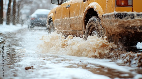 Yellow car driving through a muddy puddle in the winter.