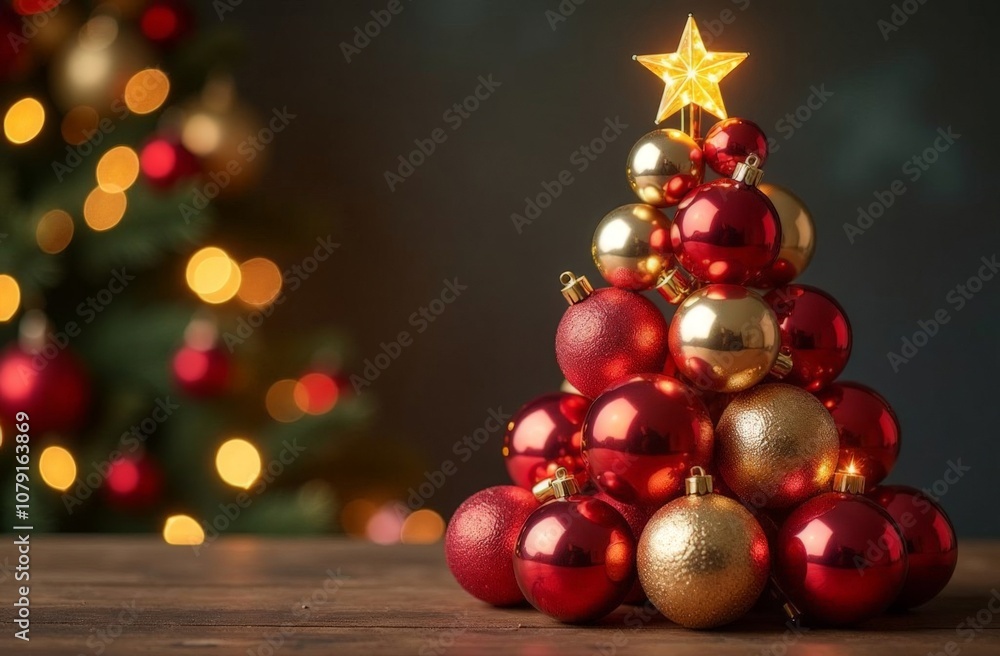 Christmas tree made of perfume bottle and balls on red background Christmas tree made of perfume bottle and balls on red background