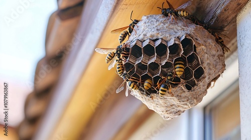 Aggressive Wasp Nest Hanging from House Eaves with Buzzing Insects Posing Danger