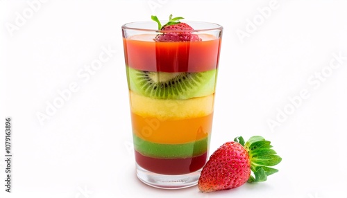 A glass of juice with layers different fruit such as strawberry orange juice green kiwi