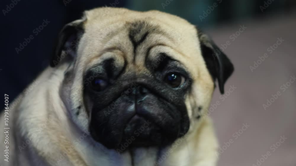 cute purebred brown pug looking at camera, portrait of funny pet pug breed, adult purebred pug muzzle cute purebred brown pug looking at camera, portrait of funny pet pug breed, adult purebred pug muzzle