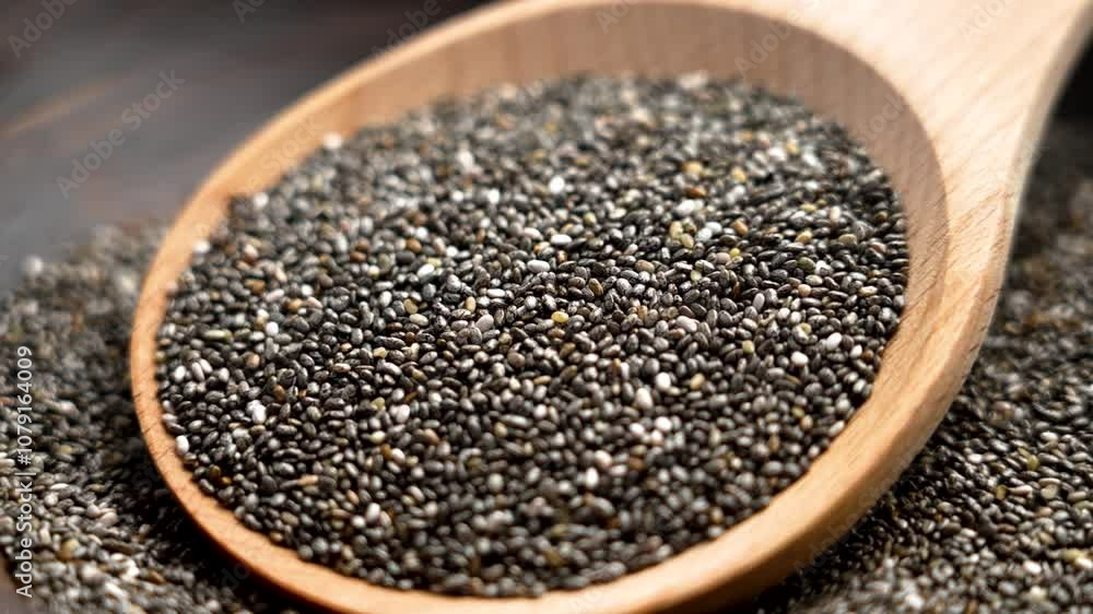 Close-up of chia seeds in a wooden spoon, scattered around for clean eating, fitness diet and antioxidant-rich recipes. Rotation Close-up of chia seeds in a wooden spoon, scattered around for clean eating, fitness diet and antioxidant-rich recipes. Rotation