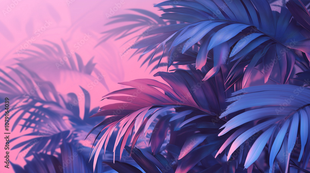 Vibrant tropical palm leaves in shades of blue and pink, creating a dreamy atmosphere with soft lighting Vibrant tropical palm leaves in shades of blue and pink, creating a dreamy atmosphere with soft lighting