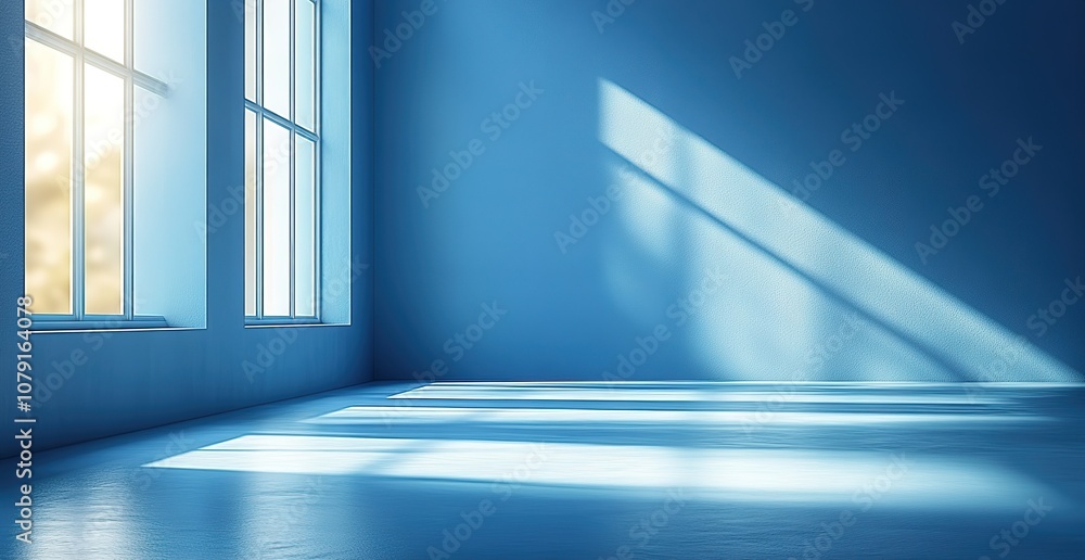 Sunlight streams through two windows in a minimalist blue room, casting long shadows on the floor. Sunlight streams through two windows in a minimalist blue room, casting long shadows on the floor.