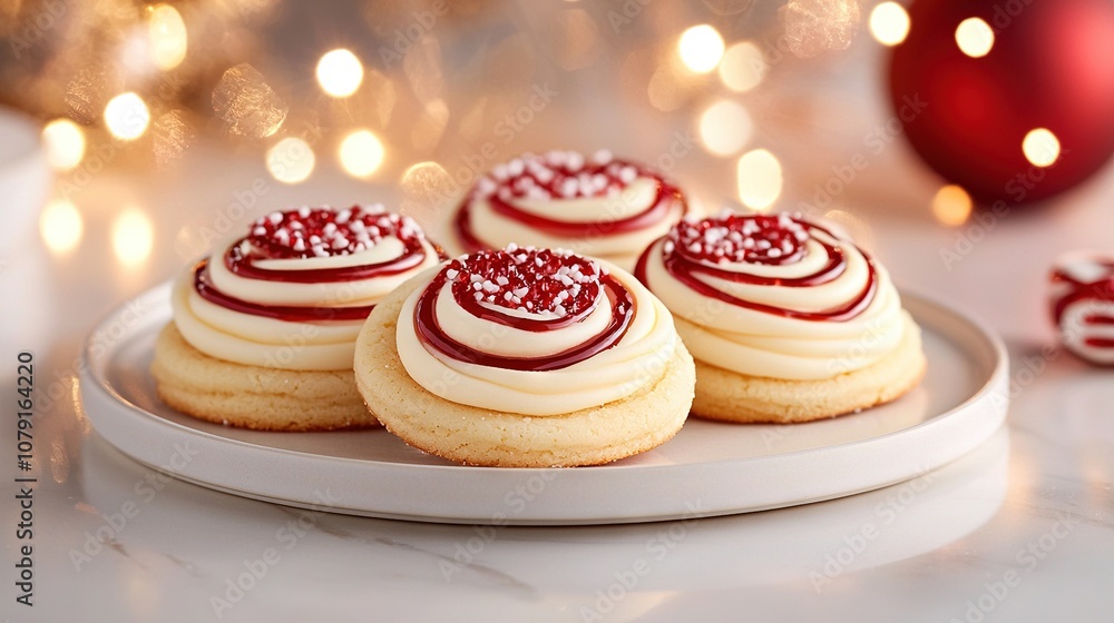A macro shot of cookies on a table against a Christmas backdrop with glowing lights A macro shot of cookies on a table against a Christmas backdrop with glowing lights
