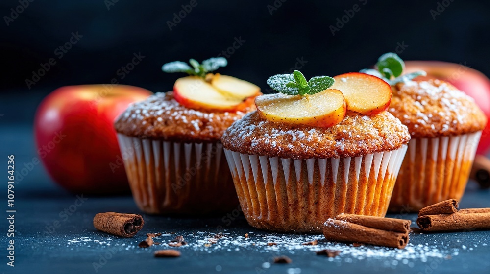 A pair of muffins rest atop a powdered-sugar-covered table, alongside an apple A pair of muffins rest atop a powdered-sugar-covered table, alongside an apple
