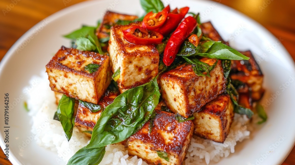 Vibrant Thai Spicy Basil Tofu Plate Over Rice - Top View Food Photography Vibrant Thai Spicy Basil Tofu Plate Over Rice - Top View Food Photography