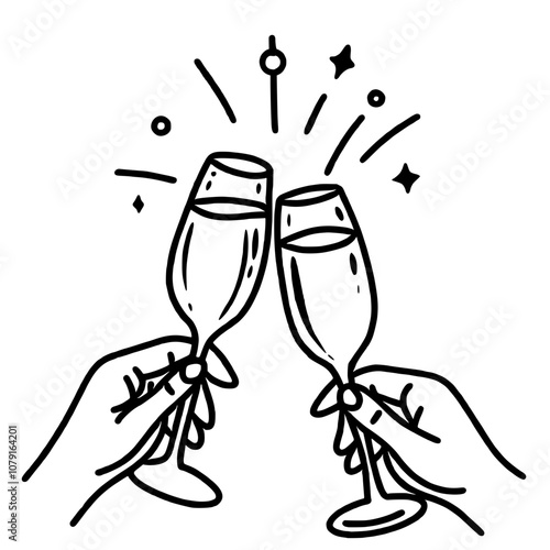 Hands holding two champagne glasses clinking Hand drawn New Years Eve Celebration party graphic illustration isolated on white background color editable 