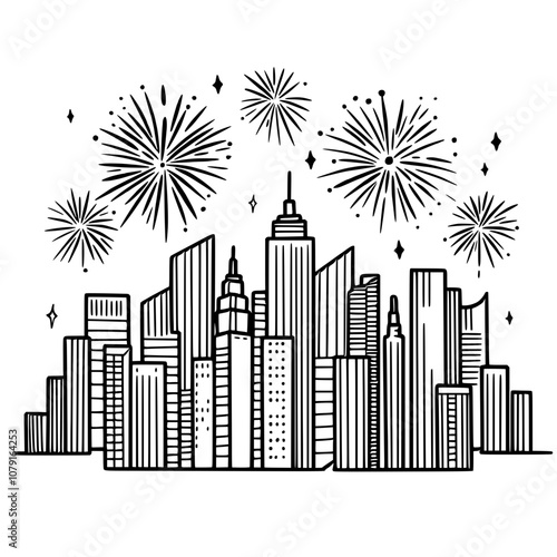 City Skylines with fireworks Hand drawn New Years Eve Celebration party graphic illustration isolated on white background color editable 