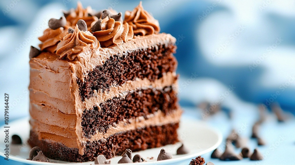 A close-up shot of a cake slice on a plate with chocolate chips nearby, while the rest of the cake can be seen in the background A close-up shot of a cake slice on a plate with chocolate chips nearby, while the rest of the cake can be seen in the background