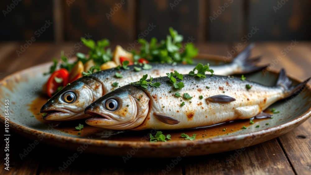Two grilled fish fillets on a plate with garnishes. Two grilled fish fillets on a plate with garnishes.