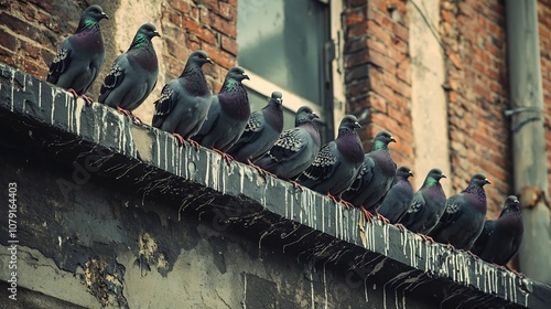 Flock of Pigeons Roosting on Urban Building Ledge Nuisance and Mess of City Wildlife