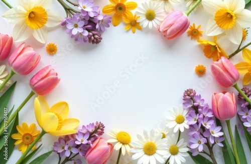 Wallpaper Mural 8-march decorations concept. Top view vertical photo of yellow pink white tulips and sprinkles on isolated pastel pink background with empty space in the middle Torontodigital.ca