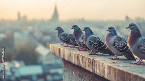 A Flock of Pigeons Roosting on an Urban Building Ledge Representing the Nuisance of City Living