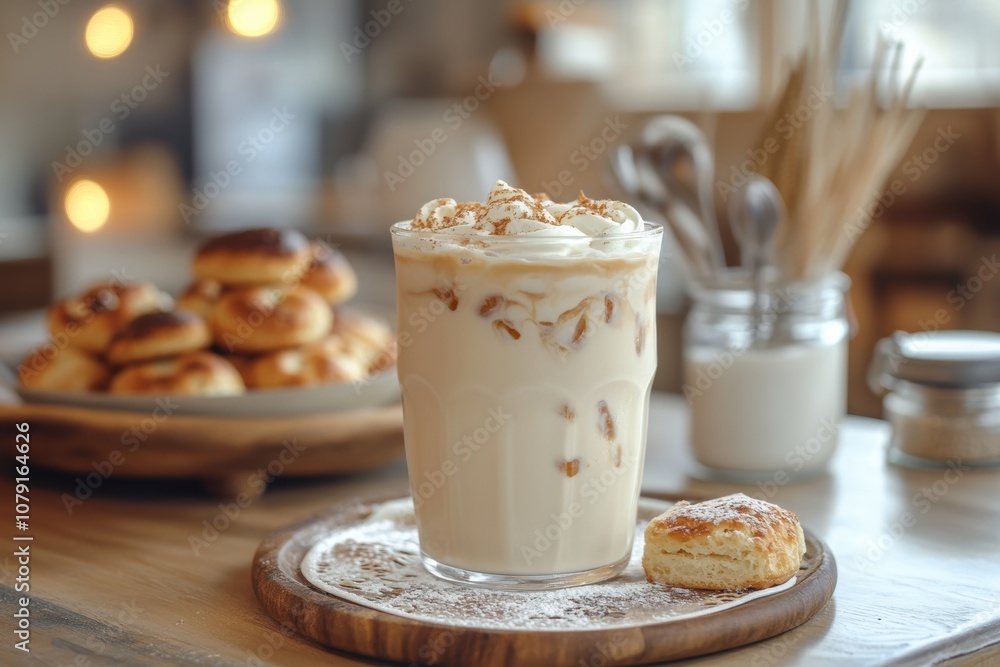 eco-friendly caf display, enjoy an iced vanilla latte in a biodegradable cup with pastries on a rustic kitchen table for a cozy vibe eco-friendly caf display, enjoy an iced vanilla latte in a biodegradable cup with pastries on a rustic kitchen table for a cozy vibe