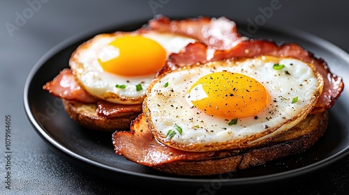  A black plate holds two eggs and bacon atop a slice of bread on a table