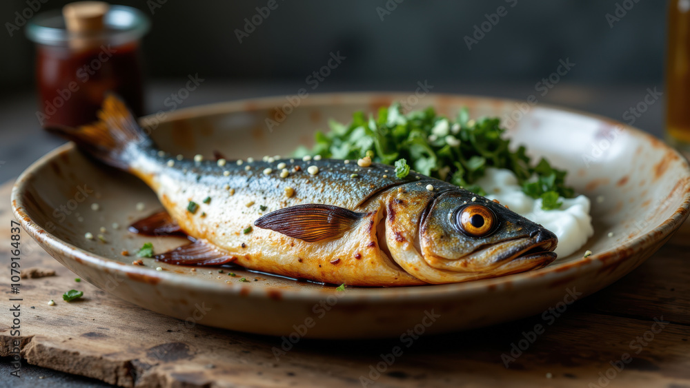 Cooked fish with sauce on a plate. Cooked fish with sauce on a plate.
