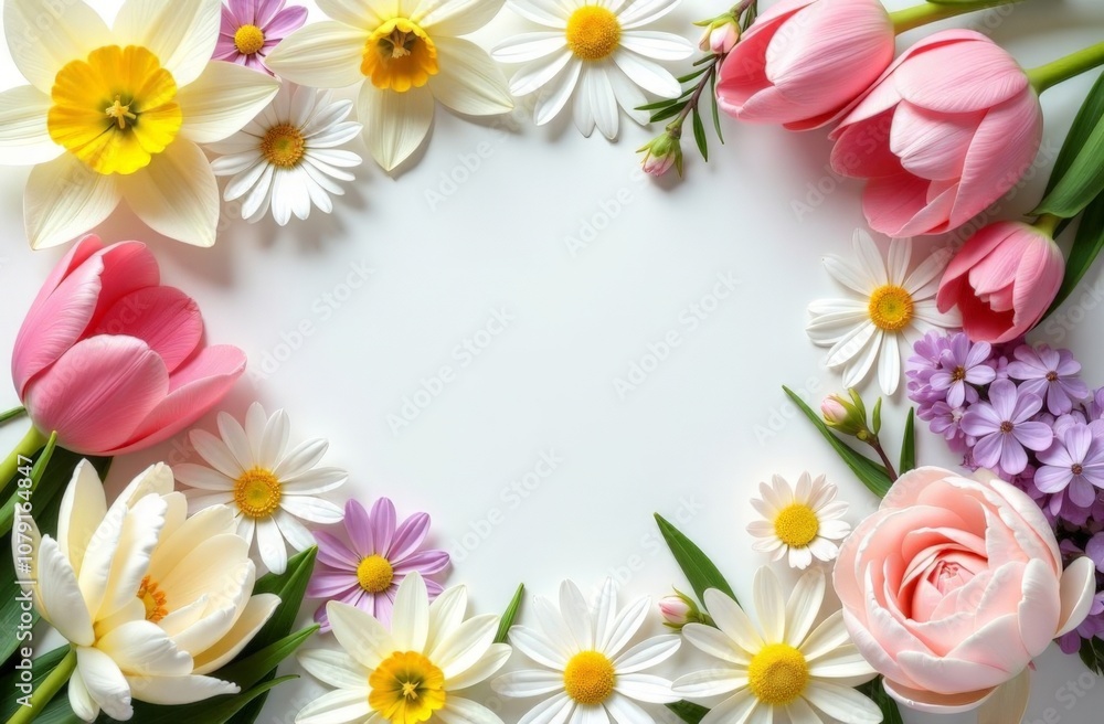 8-march decorations concept. Top view vertical photo of yellow pink white tulips and sprinkles on isolated pastel pink background with empty space in the middle 8-march decorations concept. Top view vertical photo of yellow pink white tulips and sprinkles on isolated pastel pink background with empty space in the middle