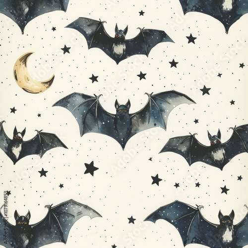 A whimsical pattern featuring bats, stars, and a crescent moon on a light background.