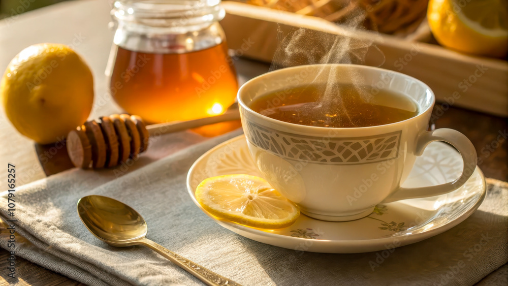 Hot lemon tea with spices on a wooden table. The concept of warm seasonal drinks and cold prevention Hot lemon tea with spices on a wooden table. The concept of warm seasonal drinks and cold prevention