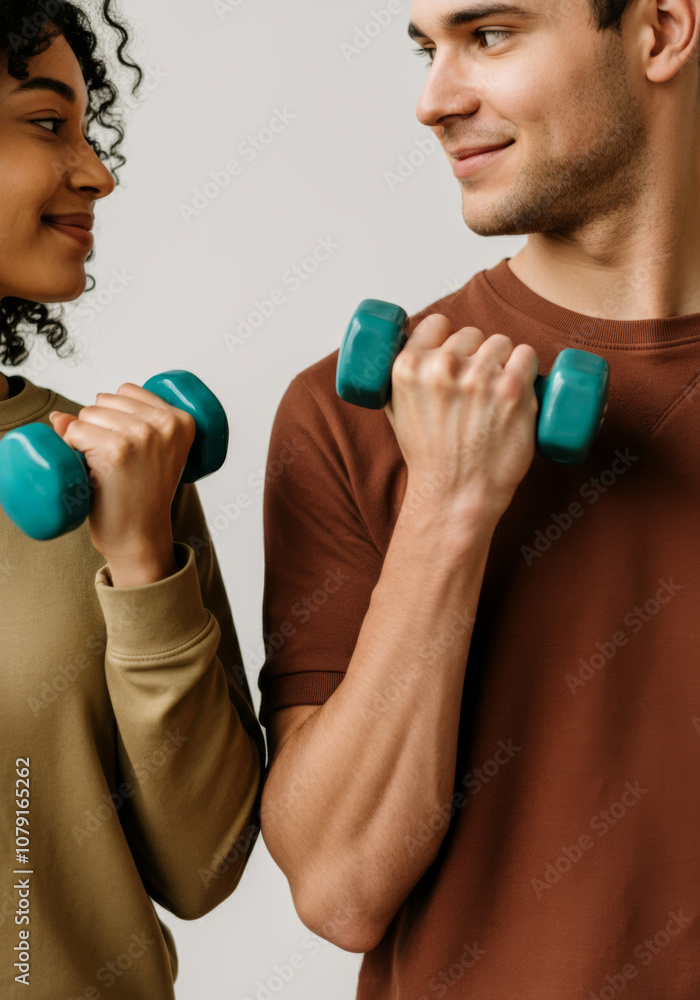 Young couple smiling while working out together with dumbbells Young couple smiling while working out together with dumbbells