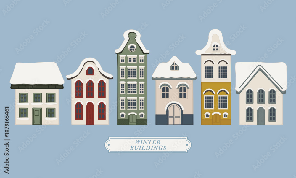 Fototapeta premium Europe Dutch style building and houses facade in winter hand drawn illustration collection elements. For decoration, concept proposal, design, postcard, banner, social media