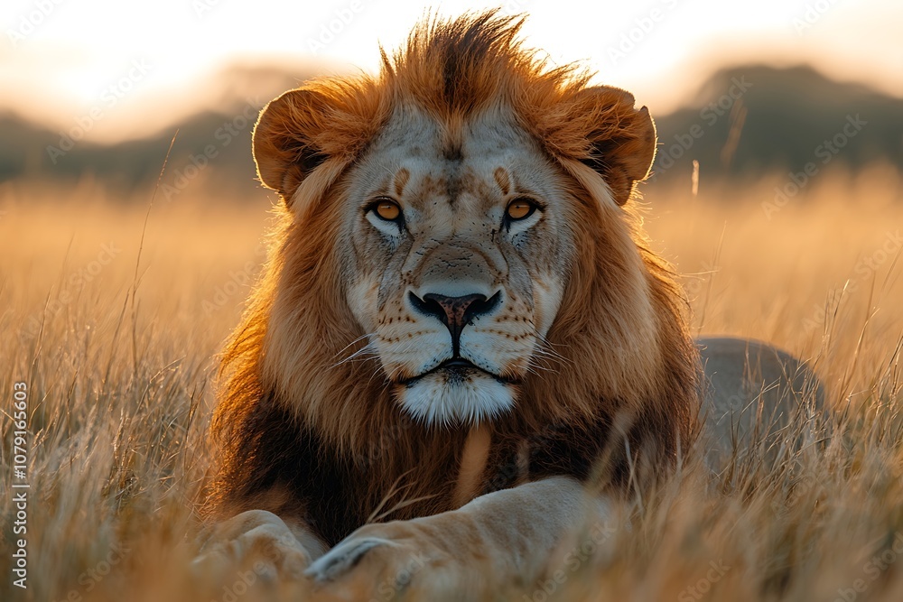 Proud Male Lion with Inquisitive Gaze in Golden Grass at Dusk Proud Male Lion with Inquisitive Gaze in Golden Grass at Dusk
