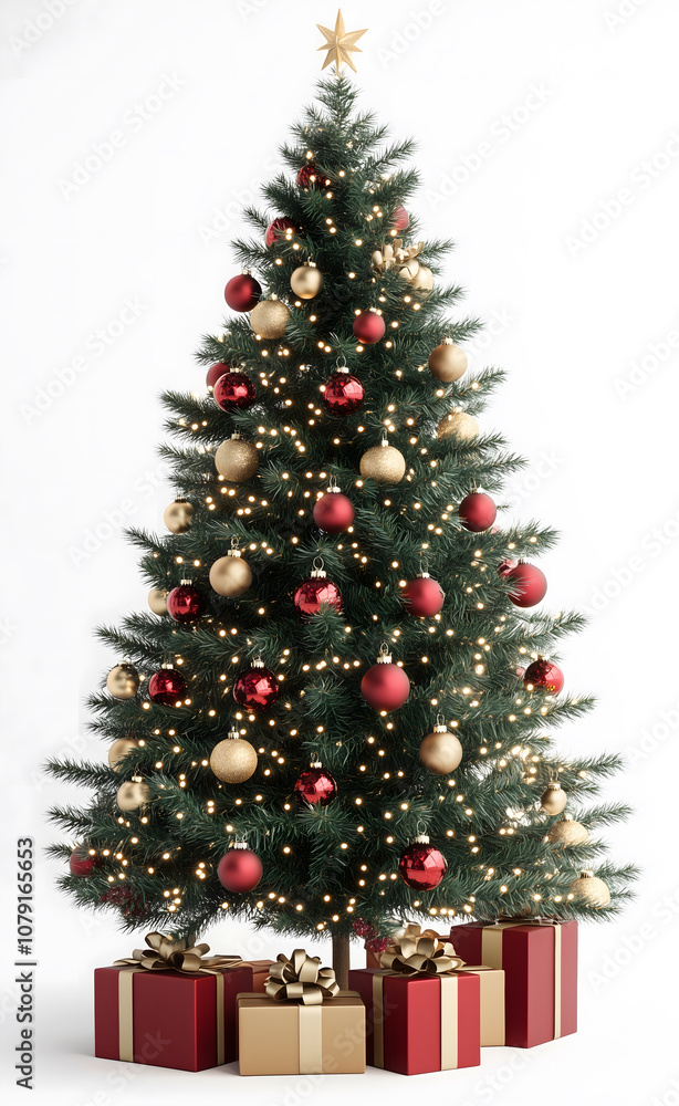 Gifts under Christmas tree with red and gold sparkle ornaments and lights on isolated white background Gifts under Christmas tree with red and gold sparkle ornaments and lights on isolated white background