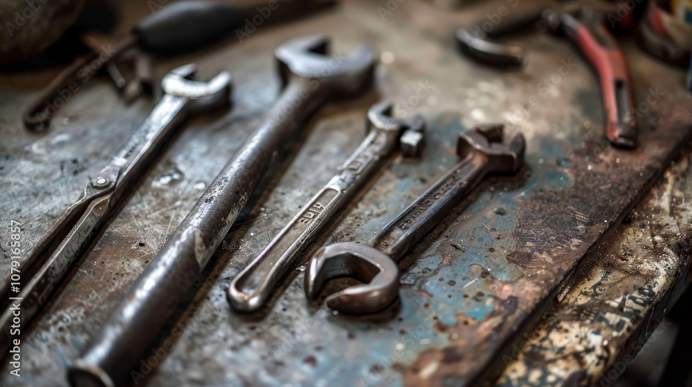An assortment of metal tools on a weathered workbench, showcasing craftsmanship and use. An assortment of metal tools on a weathered workbench, showcasing craftsmanship and use.