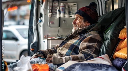 An elderly man in warm clothing sits pensively inside an ambulance van, highlighting emergency care and compassion during cold weather.
 photo