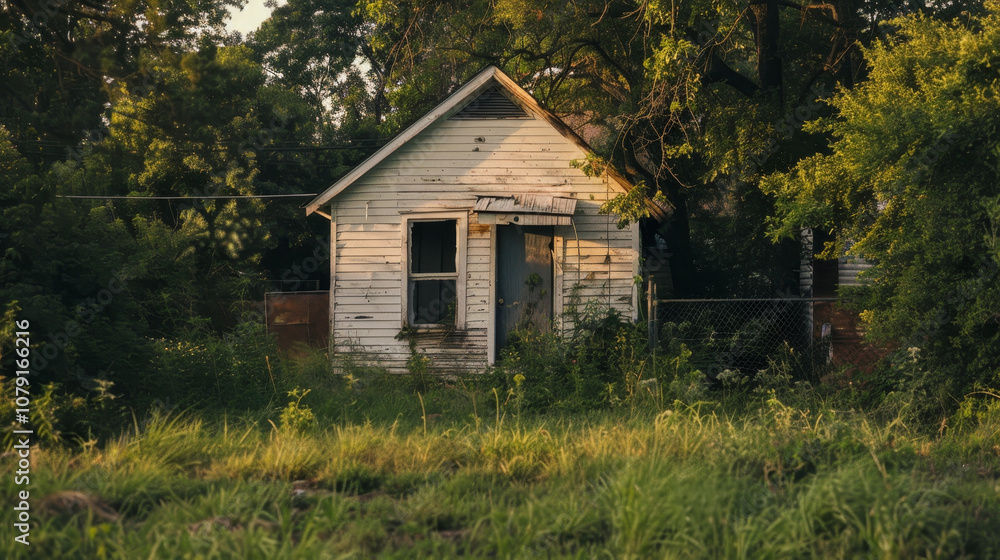 An old, weathered house surrounded by overgrown grass and trees in a rustic setting. An old, weathered house surrounded by overgrown grass and trees in a rustic setting.