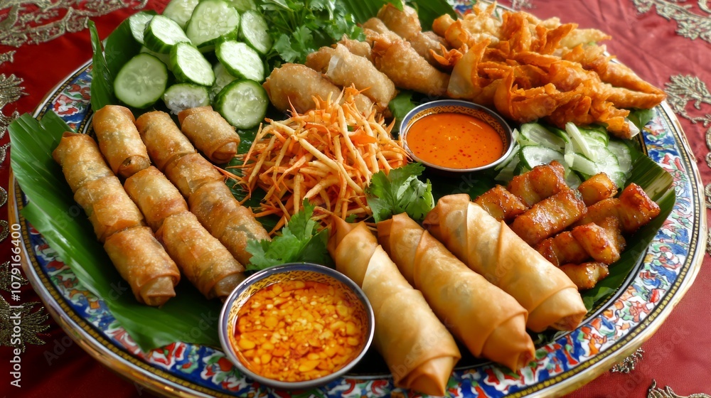 Vibrant Thai Appetizer Platter with Spring Rolls, Satay, and Dipping Sauces, Top View of Colorful Variety on Decorative Tray Vibrant Thai Appetizer Platter with Spring Rolls, Satay, and Dipping Sauces, Top View of Colorful Variety on Decorative Tray