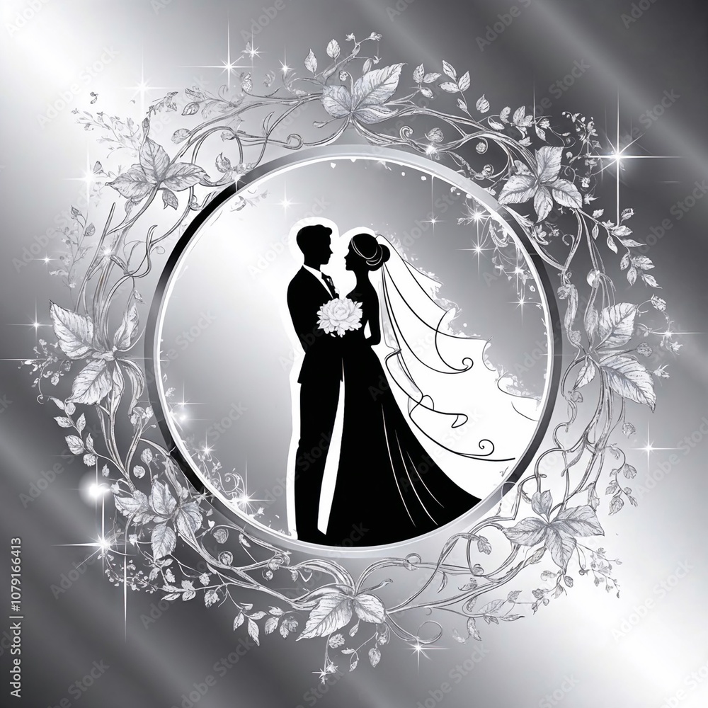 stylized black and white image with silhouettes of bride and groom in a round frame decorated with flowers and leaves on a silver background, suitable for wedding invitations stylized black and white image with silhouettes of bride and groom in a round frame decorated with flowers and leaves on a silver background, suitable for wedding invitations