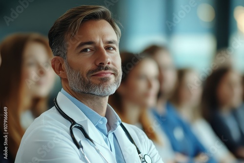 Doctor in a white coat confidently engages with an attentive audience during a medical conference