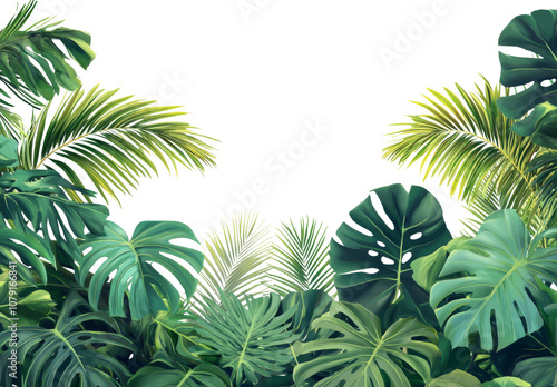 Lush green tropical plant bush with monstera, palm, rubber plant, pine, and fern, isolated on white background